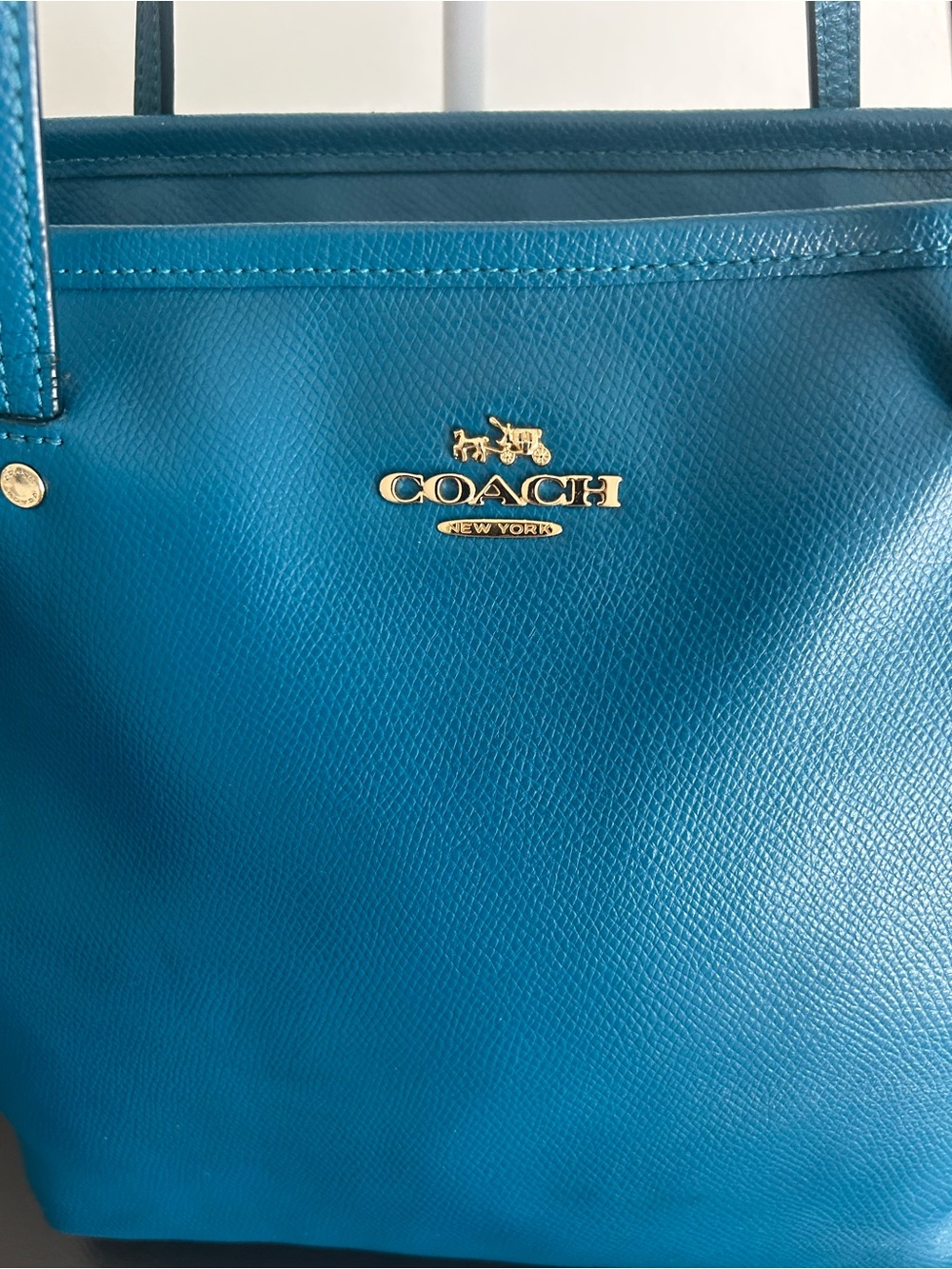 Coach Turquoise Teal Pebbled Leather Tote zip top structured shoulder bag - Picture 4 of 11